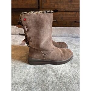 UGG Suede Leather Tall Boots Brown Bow Accents Leopard Print Trim Size 9